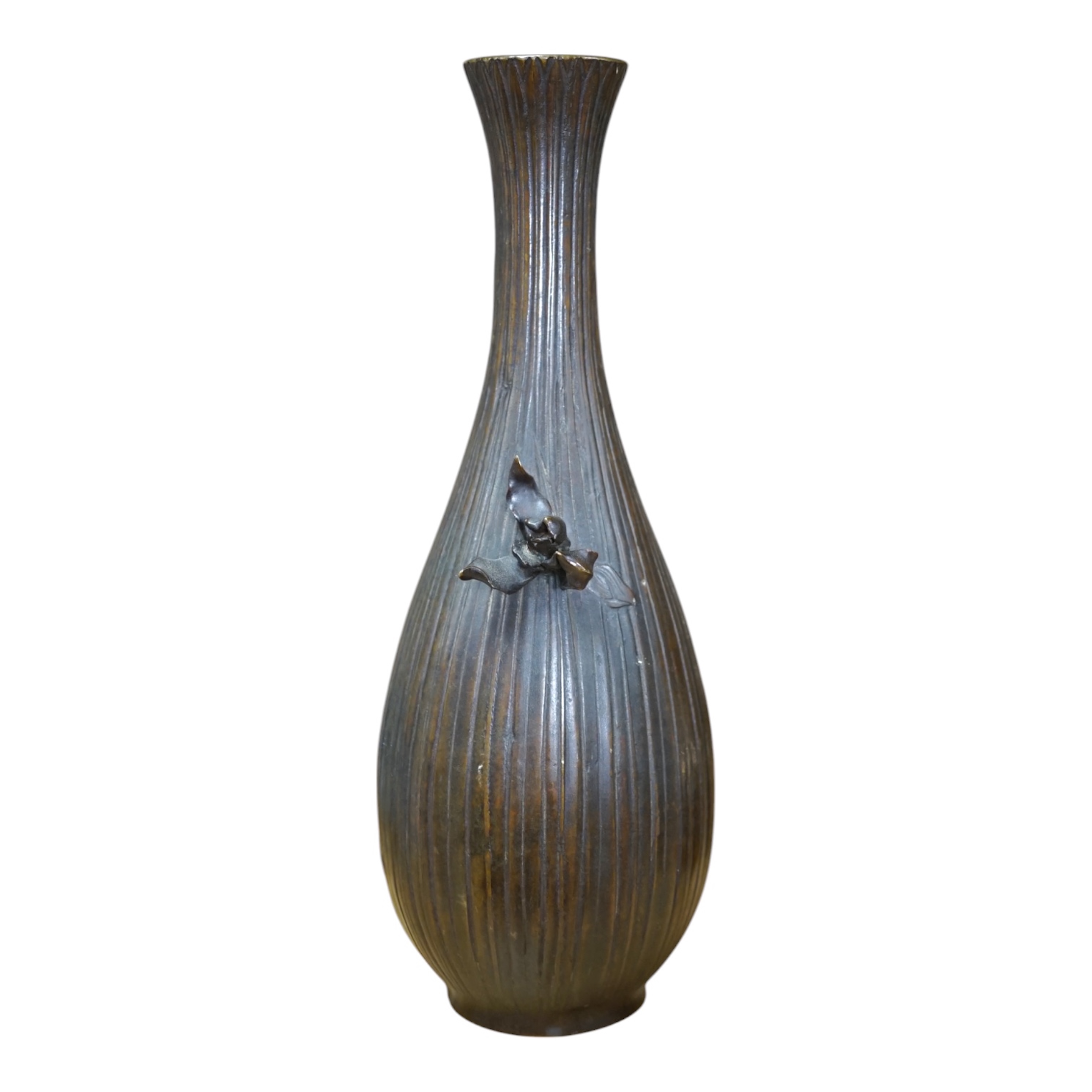 A Japanese bronze 'Iris’ vase, 24cm high. Condition - some marks to body of vase